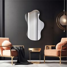 a living room with two chairs and a mirror