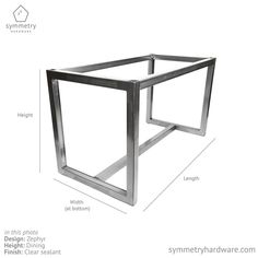 a metal frame with measurements for the top and bottom part, including widths to each side