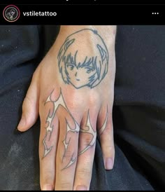 a person's hand with a tattoo on it that has an anime character in the middle