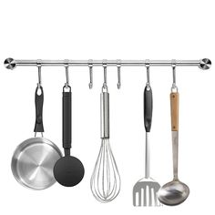 PRICES MAY VARY. 【Simple & Practical Design】Nested design, the sliding hooks are 360 degrees rotatable and fully moveable, won't fall, can be moved around for optimum placement. Declutter your kitchen with this streamlined appearance and practical rack, helping organize and keep cooking utensils handy. 【Space Saving】Wall mounted the racks within reach in your kitchen stove, so you can clear access to the cooking utensils you common need at your fingertips while you cook without getting them off Pot Rack Wall Mounted, Hanging Utensils In Kitchen, Pots And Pans Hanging Rack, Kitchen Organization For Small Spaces, Kitchen Utensil Rack, Bar Utensils, Kitchen Utensil Organization, Utensil Rack, Stainless Steel Kitchen Utensils