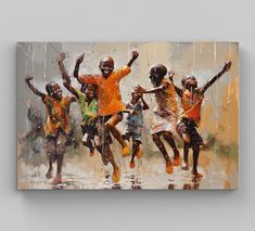 an oil painting of children jumping in the rain with their arms up and hands raised