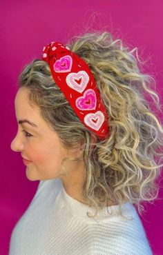 The cutest valentine headband. Our headbands fit adults and children. Valentines Headband, Heart Headband, Mom And Sister, Open Heart, Turbans, Valentine Heart, Hair Accessories Headbands, Soft Velvet, Pink And White