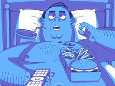 a man laying in bed with a tray of food next to him and a cell phone