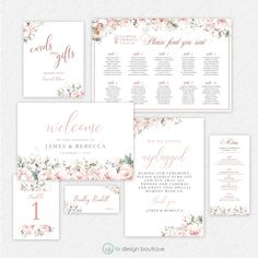 wedding stationery set with pink flowers and greenery on the front, white background