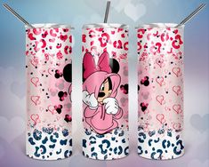 three minnie mouse tumblers with hearts and bows on them, one is pink and the other is blue