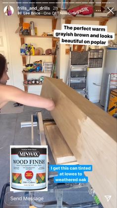 a woman is working on some wood in her garage with the caption above it