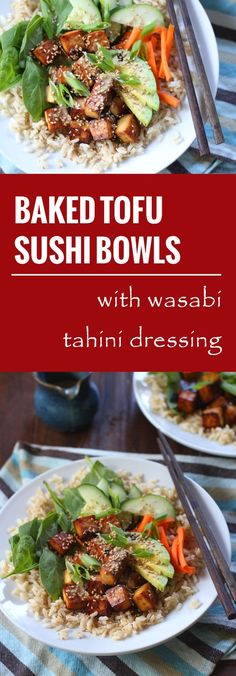 baked tofu sushi bowls with wasabii and tahiti dressing on top