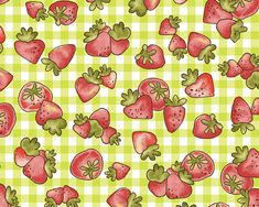 a green and white checkered background with strawberries