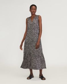 The Satin V-Neck Maxi Dress Splatter – Everlane Build Wardrobe, Sleeveless Maxi Dress, Drop Waist, Dressed Down, Dresses Xs, Sundress, Jumpsuit Dress, Neck Tie, Colorful Dresses