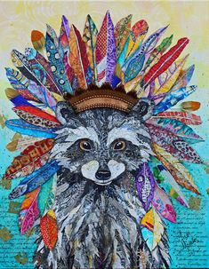 a painting of a raccoon with feathers on it's head