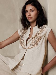 Embroidered Linen-Blend Blouse | Banana Republic Factory Linen Embroidered Button-up Top, Linen Button-up Top With Embroidery, Embroidered Linen Button-up Top, Chic Linen Top With Floral Embroidery, Chic Linen Tops With Floral Embroidery, Chic Embroidered Linen Top, Sleeves Embroidery, Ivory Blouse, Tulip Sleeve