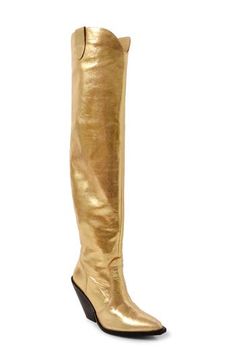 A glamorous entrance awaits when you slip on this sleek knee-high boot that can be slouched down for a more laid-back appearance. 4" heel 13" shaft; 10" calf circumference Leather upper, lining and sole Imported Gold Knee-high Winter Boots, Gold Knee-high Evening Boots, Glamorous Knee-high Heeled Boots For Formal Occasions, Chic Fitted Gold Knee-high Boots, Chic Gold Fitted Knee-high Boots, Elegant Gold Knee-high Boots For Evening, Chic Gold Knee-high Boots For Evening, Chic Gold Knee-high Heeled Boots, Elegant Pointed Toe Gold Knee-high Boots