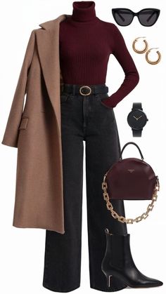 Office Stylish Outfit, Womens Burgundy Outfits, Outfit Ideas Winter Office, Burgandy Turtle Neck Outfits, 30s Winter Outfits, Wine Night Outfit Classy, Winter Outfits Jeans Boots, Winter Boot Work Outfits, Winter Coats Outfits Women