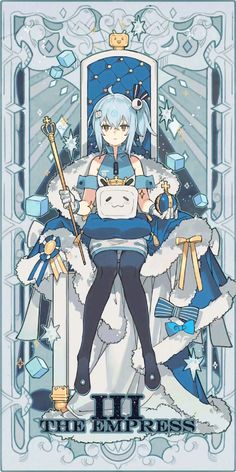 an anime character sitting on top of a chair in front of a blue and white background