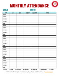 a child's attendance sheet with the words, month and months in red on it