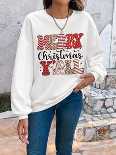 This stylish sweatshirt is perfect for festive celebrations. Featuring a classic drop shoulder design and printed Christmas pattern, this sweatshirt is super comfortable and cozy for all-day wear. With its plush fabric, you'll never want to take it off! Color : White Style : Casual Pattern Type : Letter Pattern Type : Flag Type : Pullovers Neckline : Round Neck Sleeve Length : Long Sleeve Sleeve Type : Drop Shoulder Length : Regular Fit Type : Loose Fabric : Slight Stretch Material : Knitted Fab Casual Long Sleeve Holiday Sweatshirt, Christmas Sweater With Letter Print And Long Sleeves, Christmas Long Sleeve Sweater With Letter Print, Casual Holiday Sweatshirt With Graphic Print, Casual Graphic Print Sweatshirt For Holiday, Casual Graphic Print Holiday Sweatshirt, White Sweatshirt For Fall Holiday, White Casual Sweatshirt For Holidays, Casual White Holiday Sweatshirt