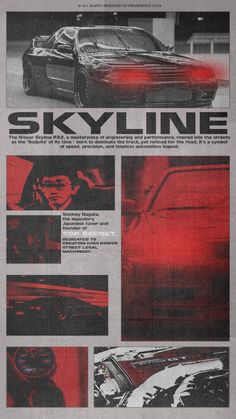 the front page of a magazine with an image of a car in red and black