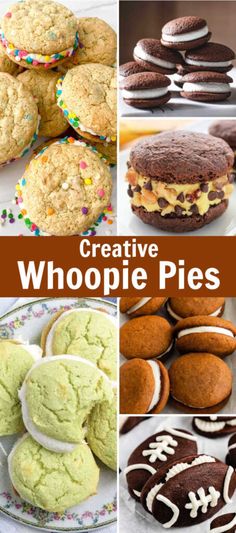 several different types of cookies and desserts with the words creative whoopie pies