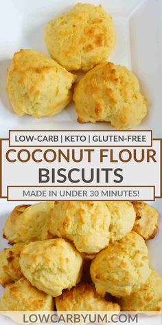 coconut flour biscuits on a white plate with text overlay