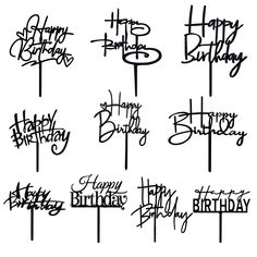 birthday cake toppers with happy birthday written on them in black ink, set of 12