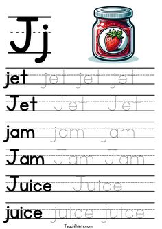 the letter j is for jam with an image of a jar and a strawberry on it