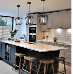 a kitchen with an island and three stools