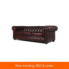 a brown leather couch with the words now trending, $ 500 & under on it