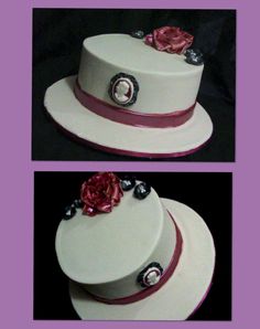 two pictures of a white cake with red flowers on the top and bottom tiers