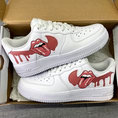 Lips Logo, White Nike Air Force, Lip Logo, Painted Nikes, Dripping Lips, Nike Air Force 1 Custom, White Nike Air, Air Force 1 Custom, Custom Air Force 1