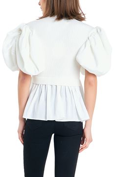 Pull together a playfully head-turning look in one easy step with this top that pairs a stretchy ribbed bodice with the contrasting woven fabric of its gathered hem and substantial puffed sleeves. Mock neck Elbow-length sleeves 50% rayon, 22% nylon, 28% polyester with 80% cotton, 20% nylon Hand wash, dry flat Imported Chic Ribbed Blouse For Spring, Chic Spring Ribbed Blouse, Fitted Knit Blouse For Spring, White Fitted Knit Top For Fall, Fitted White Knit Blouse, Spring Ribbed Puff Sleeve Top, Ribbed Knit Puff Sleeve Top, Ribbed Knit Tops With Puff Sleeves, Fitted White Knit Top For Spring