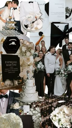 a group of people standing next to each other in front of wedding cakes and cake toppers