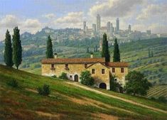 an oil painting of a house on a hill