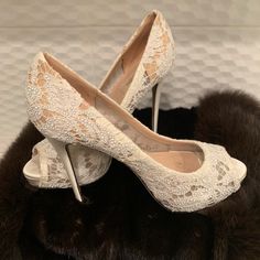 White Lace With Little Crystals. Small Platform Very Comfortable. Worn Only One Evening In Near Brand New Condition. Christian Dior Bridal, Dior Bridal, Wedding Shoes Heels, Dior Shoes, Bridal Shoes, Cream White, Wedding Shoes, White Lace, Shoes Women Heels