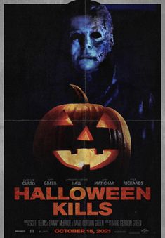 a movie poster for halloween kills with a scary face on it's head and hands