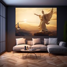 a living room with a large painting on the wall and a couch in front of it