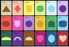 an image of different shapes and colors in the shape of squares with names on them