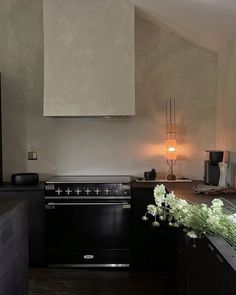 a black stove top oven sitting inside of a kitchen next to a planter filled with flowers