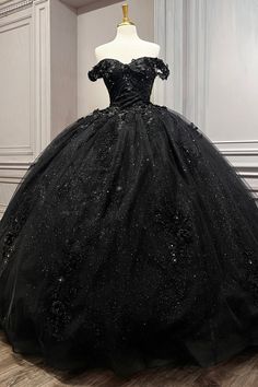 Black Off The Shoulder Quinceanera Ball Gown 15702 Quinceanera Dresses Blue And Black, Floral Quince, Beautiful Ballgown, Cinderella Ballgown, Black Quinceanera, Train Fabric, Off Shoulder Ball Gown, Black Quinceanera Dresses, Butterfly Photography