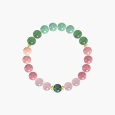 This bracelet is a stunning combination of Rhodonite, Rose Quartz, Aventurine, Green Jade, and Malachite beads, adorned with gold stainless steel spacers. Each gemstone holds its unique meaning and color, creating a harmonious blend. Rhodonite promotes love and emotional healing with its beautiful pink hues. Rose Quartz symbolizes unconditional love and compassion, radiating a gentle pink energy. Aventurine brings luck and abundance, with its soothing green shade. Green Jade represents harmony a Everyday Jade Jewelry With 8mm Beads, Healing Pink Bracelets With Spacer Beads, Everyday Jade Bracelets With Round Beads, Aventurine Stretch Bracelet With Natural Stones, Jade Bracelets With Spacer Beads As Gift, Rose Quartz Beaded Bracelets With Natural Stones, Beaded Rose Quartz Bracelets With Natural Stones, Aventurine Stretch Bracelet With Round Beads, Natural Stones Rose Quartz Beaded Bracelets