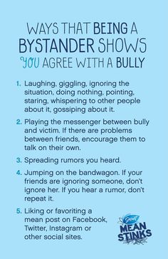 a blue poster with the words, ways that being a bystander shows you agree with a billy