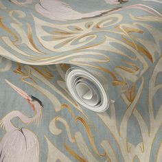 a wallpaper with birds and swirls in blue, pink, yellow and white