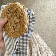 a hand holding a cookie on top of a blue and white checkered cloth