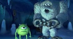 an animated character is standing next to a green creature in a cave with ice formations