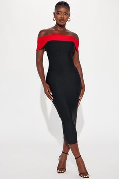 Available In Black/Red. Bandage Midi Dress Off shoulder Short sleeves Contrast foldover Back zipper Stretch 97% Polyester 3% Spandex Imported | Tessa Bandage Midi Dress in Black/Red size 2X by Fashion Nova Bandage Midi Dress, Black Midi Dress, Red Fashion, Fashion Nova, Off Shoulder, Black And Red, Short Sleeves, Midi Dress, Red