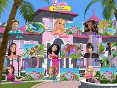 barbie dolls are shown in front of a pink house with palm trees and the name barbie on it