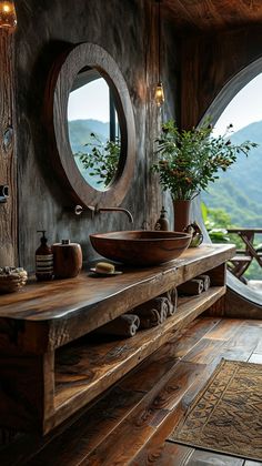 a wooden table with a bowl sink on top of it next to a large window