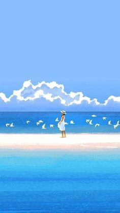 a woman standing on top of a sandy beach under a blue sky with white clouds