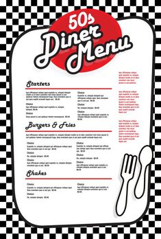 a restaurant menu with checkered background and fork, knife and spoon on the side