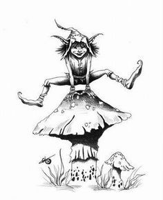 a black and white drawing of a woman on top of a mushroom