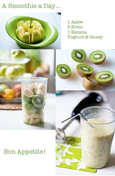 a collage of photos with kiwis and smoothies